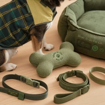 olive-green dog accessory set